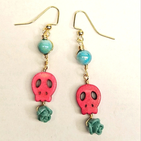 Beaded Pink and Turquoise Skull Earrings - Picture 1 of 6